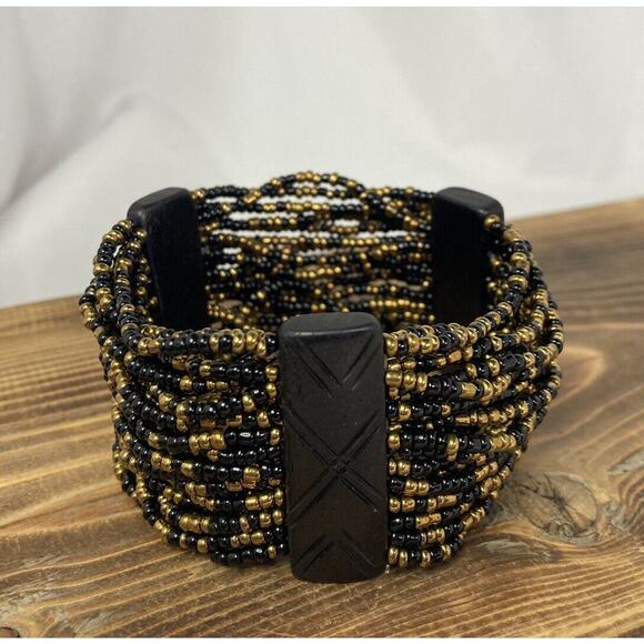 Unbranded Jewelry - Ethnic Tribal Black & Gold Seed Bead Multistrand Stretch Bracelet 7.5”
